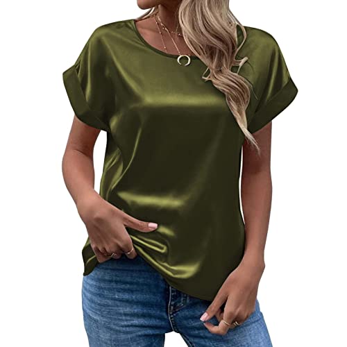 CGGMVCG Damen Sommer Tops Frühling Sommer Damen Kurzarm Seide Satin Hemd Lose Casual Rundhals Blusen, Armeegrün, X-Groß von CGGMVCG