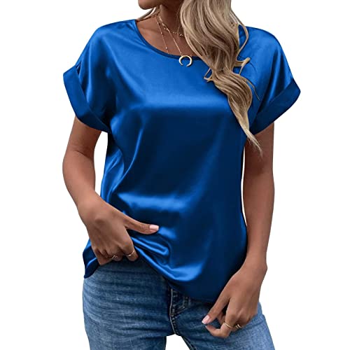 CGGMVCG Damen Sommer Tops Frühling Sommer Damen Kurzarm Seide Satin Hemd Lose Casual Rundhals Blusen, Blau, Mittel von CGGMVCG