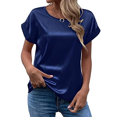 CGGMVCG Damen Sommer Tops Frühling Sommer Damen Kurzarm Seide Satin Hemd Lose Casual Rundhals Blusen, Navy Blau, Groß von CGGMVCG