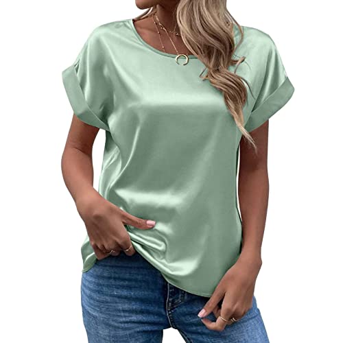 CGGMVCG Damen Sommer Tops Frühling Sommer Damen Kurzarm Seide Satin Hemd Lose Casual Rundhals Blusen, Minzgrün, XX-Large von CGGMVCG