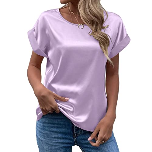 CGGMVCG Damen Sommer Tops Frühling Sommer Damen Kurzarm Seide Satin Hemd Lose Casual Rundhals Blusen, Helles Lila, Groß von CGGMVCG