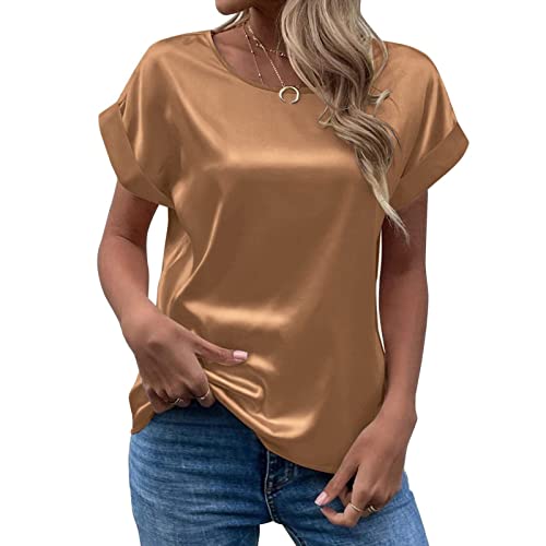 CGGMVCG Damen Sommer Tops Frühling Sommer Damen Kurzarm Seide Satin Hemd Lose Casual Rundhals Blusen, Khaki, Groß von CGGMVCG