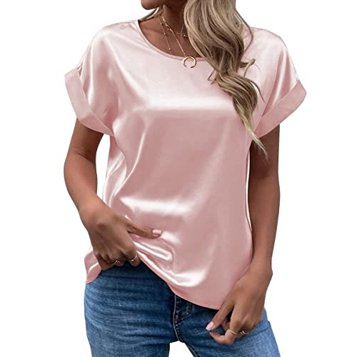 CGGMVCG Damen Sommer Tops Frühling Sommer Damen Kurzarm Seide Satin Hemd Lose Casual Rundhals Blusen, Rosa, Mittel von CGGMVCG