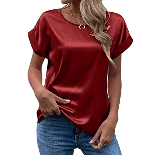 CGGMVCG Damen Sommer Tops Frühling Sommer Damen Kurzarm Seide Satin Hemd Lose Casual Rundhals Blusen, Rot, Groß von CGGMVCG