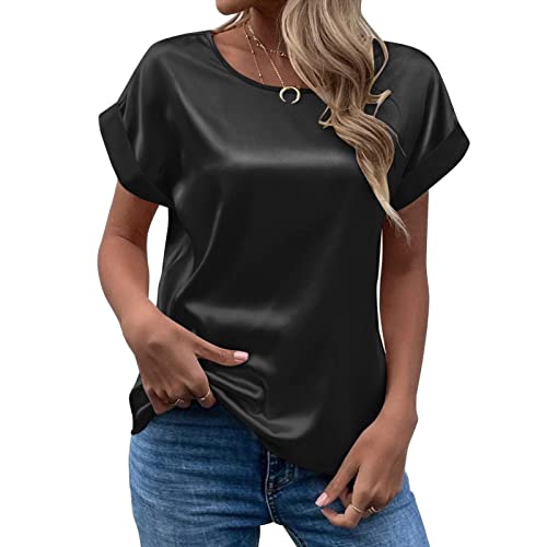 CGGMVCG Damen Sommer Tops Frühling Sommer Damen Kurzarm Seide Satin Hemd Lose Casual Rundhals Blusen, Schwarz, Mittel von CGGMVCG