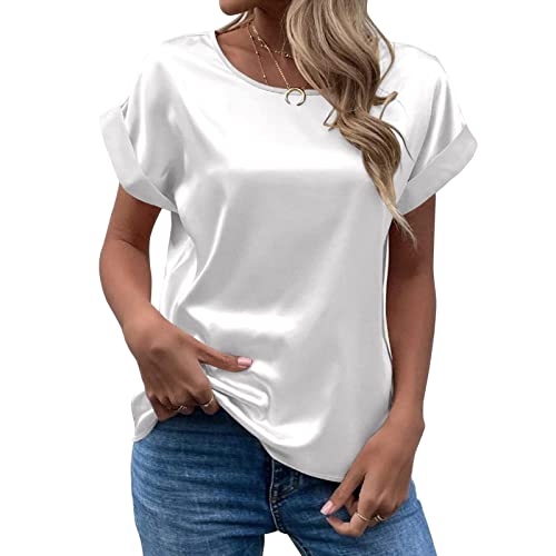 CGGMVCG Damen Sommer Tops Frühling Sommer Damen Kurzarm Seide Satin Hemd Lose Casual Rundhals Blusen, Weiß, Groß von CGGMVCG