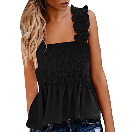 CGGMVCG Damen Tank Top Rüschen gesmoktes Tank Top Tie Schultergurt Weste Tanktops Bluse ärmellos Bluse für Damen, Schwarz, X-Groß von CGGMVCG