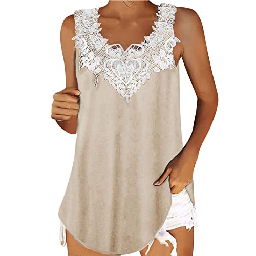 CGGMVCG Damen Tank Tops 2025 Frühling Sommer Spitze Solid Spleißen Weste Casual Damen Top Tank Top Für Frauen Ärmellose Tops, Beige, X-Groß von CGGMVCG