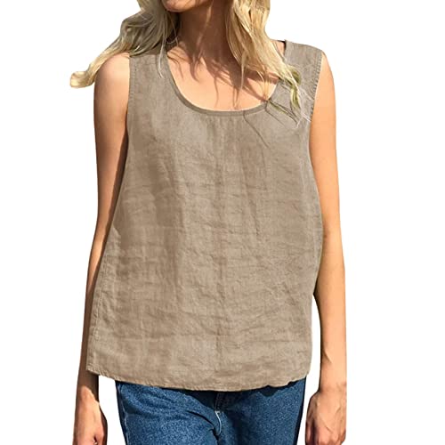 CGGMVCG Damen-Tanktop in Übergröße, locker, lässig, Baumwolle, Leinen, einfarbig, U-Ausschnitt, ärmellose Blusen für Damen, Beige, XXL von CGGMVCG