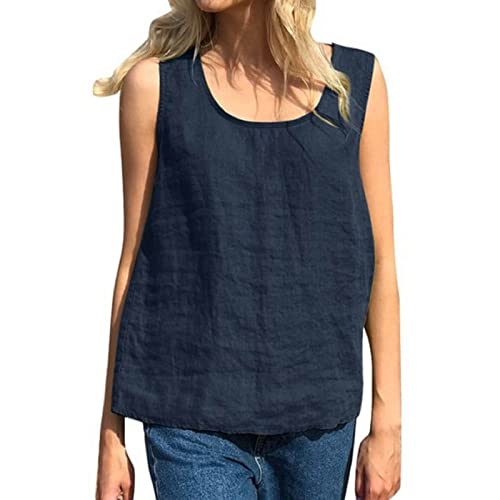 CGGMVCG Damen-Tanktop in Übergröße, locker, lässig, Baumwolle, Leinen, einfarbig, U-Ausschnitt, ärmellose Blusen für Damen, Marineblau, 3XL von CGGMVCG