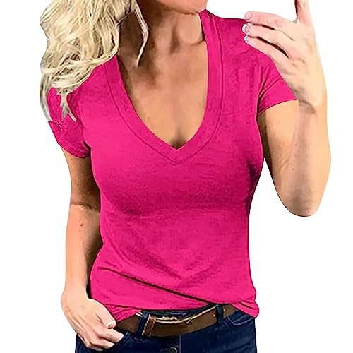 CGGMVCG Damen Tops Frauen Einfarbig Tiefer V-Ausschnitt Mode Sexy Kurzarm T-Shirt Damen T-Shirts, Hot Pink, L von CGGMVCG