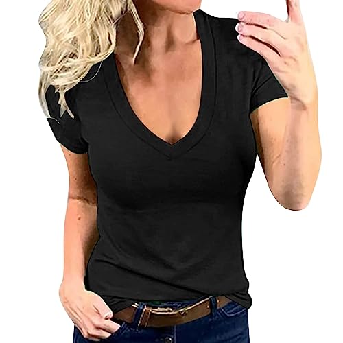 CGGMVCG Damen Tops Frauen Einfarbig Tiefer V-Ausschnitt Mode Sexy Kurzarm T-Shirt Damen T-Shirts, Schwarz, M von CGGMVCG