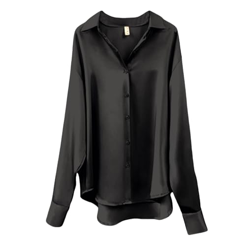 CGGMVCG Damen Tops Sommer Casual Lose Button Down Shirts Langarm Einfarbig Seide Satin Bluse Shirt, Schwarz, M von CGGMVCG