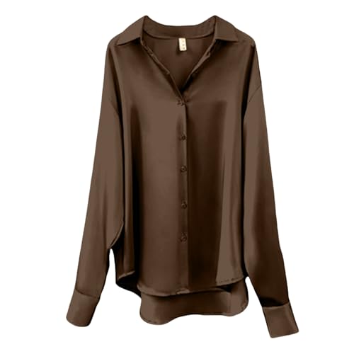 CGGMVCG Damen Tops Sommer Casual Lose Button Down Shirts Langarm Einfarbig Seide Satin Bluse Shirt, braun, L CGGMVCG Damen Tops Sommer Casual Lose Button Down Shirts Langarm Einfarbig Seide Satin Bluse Shirt, braun, L von CGGMVCG
