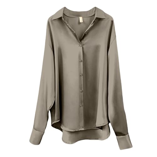 CGGMVCG Damen Tops Sommer Casual Lose Button Down Shirts Langarm Einfarbig Seide Satin Bluse Shirt, grau, M von CGGMVCG
