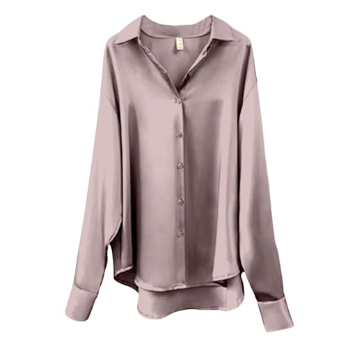 CGGMVCG Damen Tops Sommer Casual Lose Button Down Shirts Langarm Einfarbig Seide Satin Bluse Shirt, violett, XXL von CGGMVCG