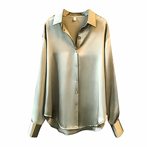 CGGMVCG Damen Tops Sommer Casual Lose Button Down Shirts Langarm Einfarbig Seide Satin Bluse Shirt für Damen, Grün , Klein von CGGMVCG