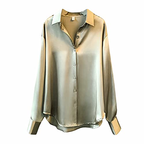CGGMVCG Damen Tops Sommer Casual Lose Button Down Shirts Langarm Einfarbig Seide Satin Bluse Shirt für Damen, Grün, Mittel von CGGMVCG