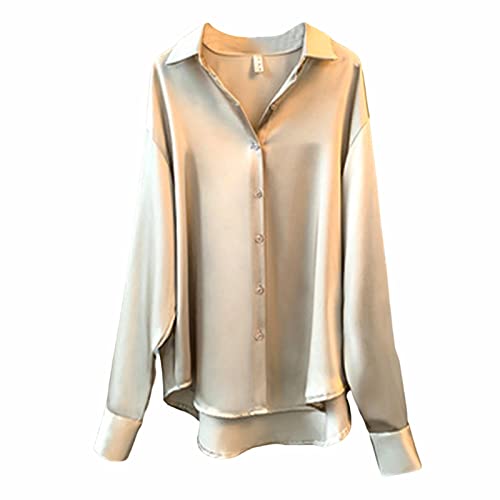 CGGMVCG Damen Tops Sommer Casual Lose Button Down Shirts Langarm Einfarbig Seide Satin Bluse Shirt für Damen, Khaki, Groß von CGGMVCG