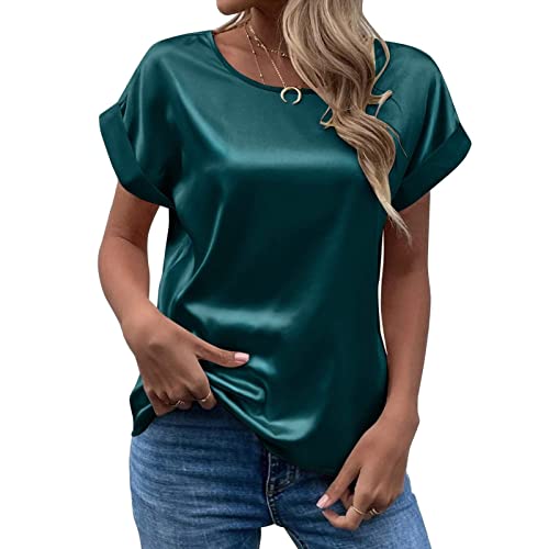 CGGMVCG Frauen Sommer Tops Frühling Sommer Damen Kurzarm Seide Satin Shirt Lose Casual Rundhals Blusen, Dunkelgrün, Groß von CGGMVCG