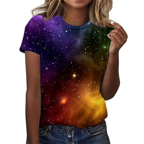 CGGMVCG Galaxy Shirt Damen 3D Galaxie Bedrucken Grafik-T-Shirts Universum Sternenhimmel Weltraum Karneval Kostüm Tshirt Kurzarm Rundhals Sommer Oberteile Frauen Faschingskostüme (A08 Gelb, XXL) von CGGMVCG