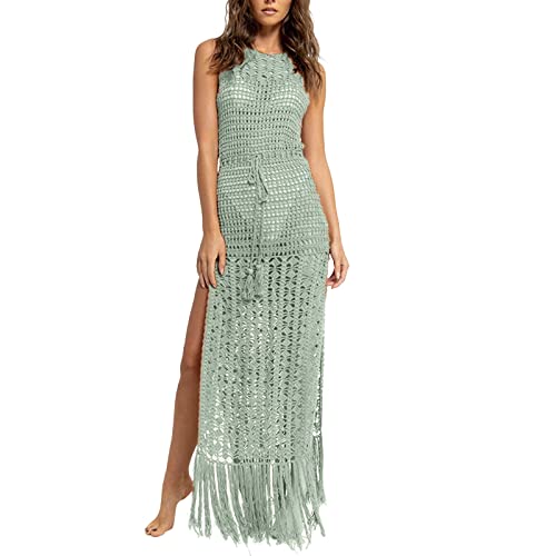 CGGMVCG Gehäkelte Coverups für Damen, Strand-Maxikleid, seitlich geteilt, ausgehöhlt, Quaste, Bademode, Schwimmvertuschung, Grün, S von CGGMVCG