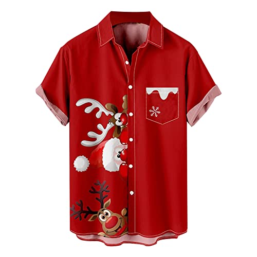 CGGMVCG Hawaiianische Weihnachtshemden für Männer Herren Grün Weihnachten Digitaldruck Tasche Weihnachten Hemden für Männer Button Down, Z01 Rot, 3XL von CGGMVCG
