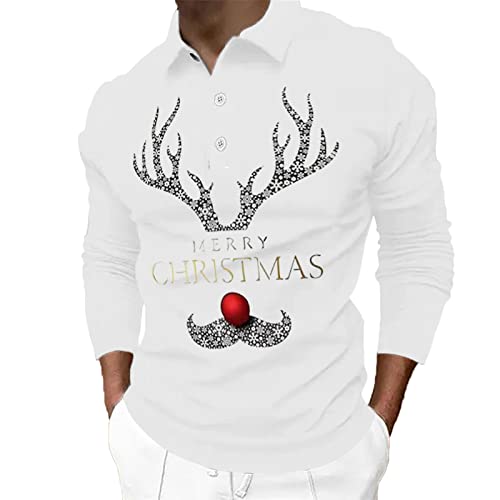 CGGMVCG Herren-Poloshirt, Weihnachtsprint, lässig, Winter, Knopfleiste, Umlegekragen, weiß, L von CGGMVCG