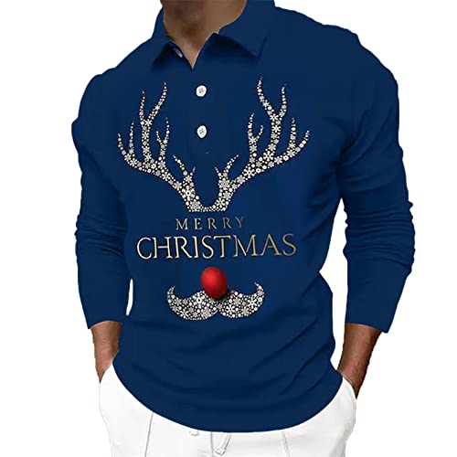 CGGMVCG Herren-Poloshirt, Weihnachtsprint, lässig, Winter, Knopfleiste, Umlegekragen, blau, M von CGGMVCG