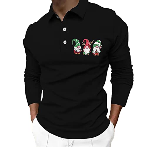 CGGMVCG Herren Weihnachten Polo Shirt Weihnachten Druck Winter Casual Knöpfe Umlegekragen Bluse Herren Weihnachten T-Shirts, Schwarz , L von CGGMVCG