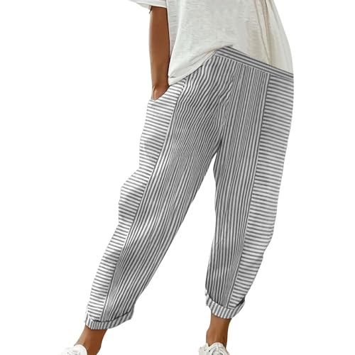 CGGMVCG Leinenhose für Damen, elastische Taille, gestreift, Freizeithose, lockere Baumwolle und bauchfreie Hose für Damen, lässiger Sommer, Z01 Grau, XXL CGGMVCG Leinenhose für Damen, elastische Taille, gestreift, Freizeithose, lockere Baumwolle und bauchfreie Hose für Damen, lässiger Sommer, Z01 Grau, XXL von CGGMVCG