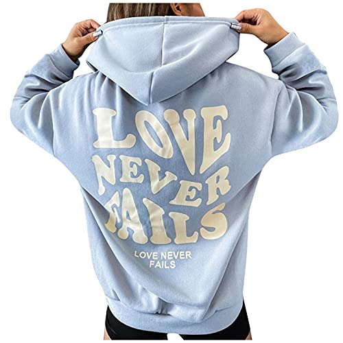CGGMVCG Love Never Fails Hoodies für Frauen Briefdruck Grafik Sweatshirts Mode Casual Lose Langarm Pullover Tops, Blau, M von CGGMVCG