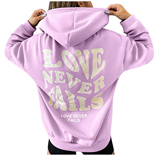 CGGMVCG Love Never Fails Hoodies für Frauen Briefdruck Grafik Sweatshirts Mode Casual Lose Langarm Pullover Tops, Violett, M von CGGMVCG