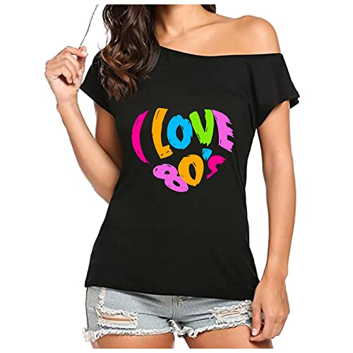 CGGMVCG Niedliche Oberteile für Damen, Frauen, I Love The 80s Schulterfreies T-Shirt, Disco 80er Jahre Kostüme, Tops für Damen, Schwarz, L von CGGMVCG