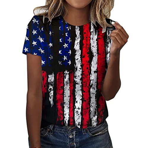 CGGMVCG Niedliche Oberteile für Frauen Damen Casual Amerika Flagge Druck O Ausschnitt Kurzarm Bluse Tops T-Shirt T-Shirt für Frauen, Z02 Blau, XXL von CGGMVCG