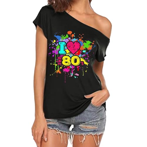 CGGMVCG Niedliches Oberteil für Damen, "I Love The 80er", schulterfrei, Disco, 80er-Jahre-Kostüme, Tops, T-Shirts für Damen, Z02 Black, Large von CGGMVCG