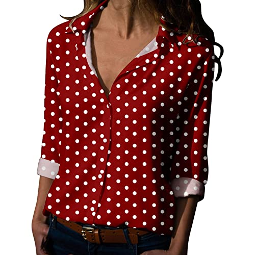 CGGMVCG Schwarzes Button-Down-Shirt für Damen, Frühling, Sommer, gepunktet, langärmelig, V-Ausschnitt, Oberteil, Bluse, Damen, Langarm-Tops, Rot/Ausflug, einfarbig (Getaway Solids), Groß von CGGMVCG