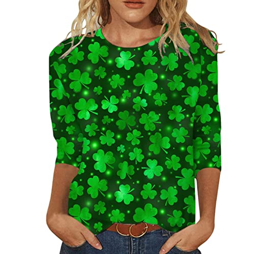 CGGMVCG St Patricks Day Shirt Damen 3/4 Ärmel Kleeblatt T-Shirts Mode Rundhals Kleeblatt Druck Irische Festival Kleidung, A06 Dunkelgrün, Mittel von CGGMVCG