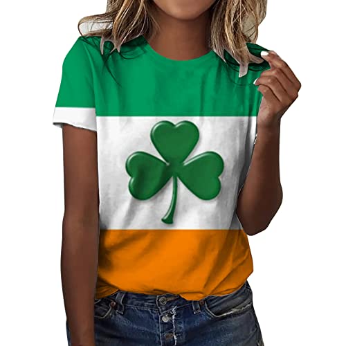 CGGMVCG St. Patricks Day Shirt für Damen, kurzärmelig, Kleeblatt-Druck, T-Shirt, Irisches Festival, Rundhalsausschnitt, Kleeblatt-T-Shirts, A13 Orange, Mittel von CGGMVCG