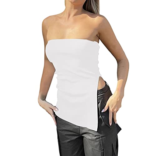 CGGMVCG Tank Tops für Frauen Trendy Frauen Trägerlos Strick Bandeau Tube Top Asymmetrischer Schlitz Saum Ärmellose Blusen für Frauen, Weiss/opulenter Garten, Klein von CGGMVCG