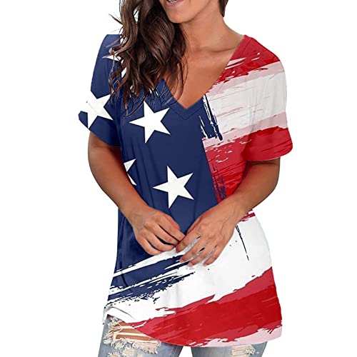 CGGMVCG Tops für Frauen Amerikanische Flagge Shirt Kurzarm USA 4. Juli Flagge Top Lose Grafik T-Shirts für Frauen, Blau, X-Groß von CGGMVCG