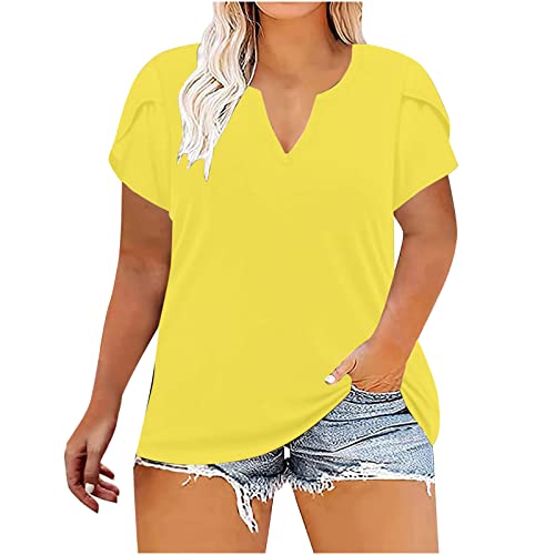 CGGMVCG Übergröße Tops für Frauen Blütenblatt Kurzarm V-Ausschnitt Bedruckt Tunika T-Shirt Loose Fit Sommer Casual Damen Blusen, A01 Gelb, 4X-Groß von CGGMVCG