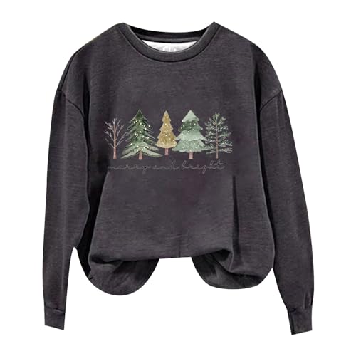 CGGMVCG Weihnachtspullover für Damen, Motiv: Merry and Bright Christmas Tree Print, langärmelig, Rundhalsausschnitt, hässlicher Pullover für Damen, dunkelgrau, XL von CGGMVCG