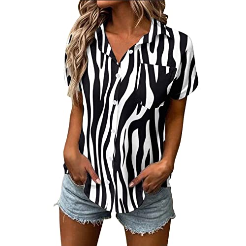 CGGMVCG Weißes Hemd mit Knopfleiste für Damen, Frühling, Sommer, Zebra, Kurzarm, V-Ausschnitt, Shirt, Top, Damenblusen und Tops, elegant, Schwarz, Groß von CGGMVCG