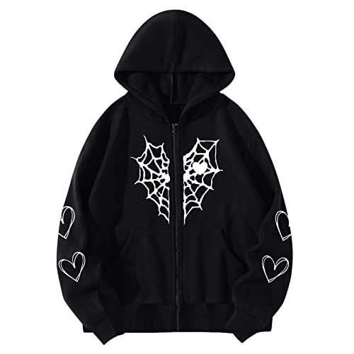 CGGMVCG Zip Up Gothic Hoodie für Frauen Spinnennetz Herz Druck Kapuzen Sweatshirts Lose Casual Langarm Punk Jacke Tops, Schwarz, XL von CGGMVCG