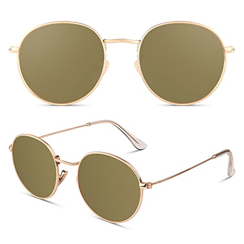 CGID Kleine Retro Vintage Sonnenbrille, polarisiert mit rundem Metallrahmen, für Frauen und Männer Verspiegelt Gold Braun E47 von CGID