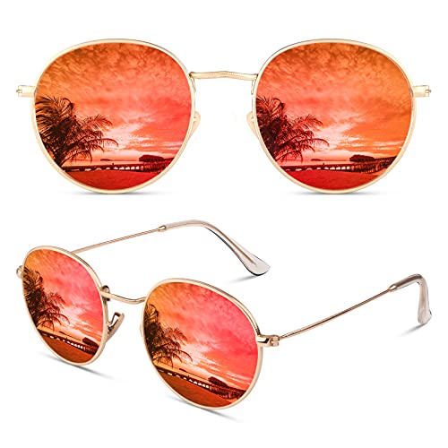 CGID Kleine Retro Vintage Sonnenbrille, polarisiert mit rundem Metallrahmen, für Frauen und Männer Verspiegelt Gold Rot E47 von CGID