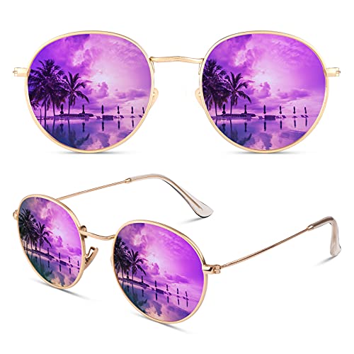 CGID Kleine Retro Vintage Sonnenbrille, polarisiert mit rundem Metallrahmen, für Frauen und Männer Verspiegelt Gold Violett E47 von CGID