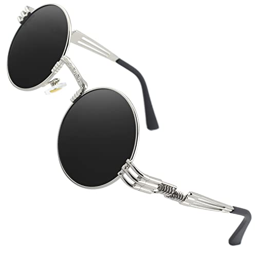 CGID Retro Sonnenbrille im Steampunk Stil, runder Metallrahmen, polarisiert, für Frauen und Männer, E72, B2 Silber Grau, Einheitsgröße von CGID