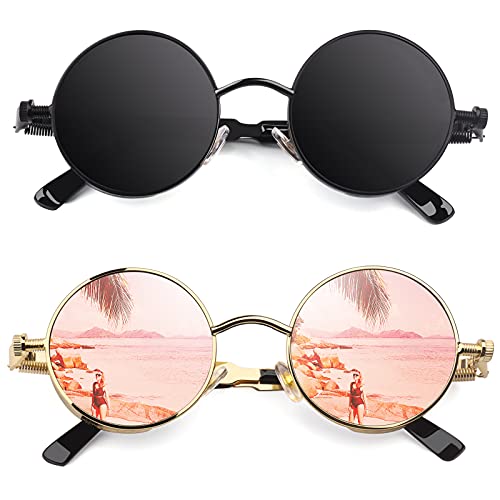 CGID Retro Sonnenbrille im Steampunk Stil Runde Metallrahmen Polarisiert Brille Herren Damen,E72 von CGID